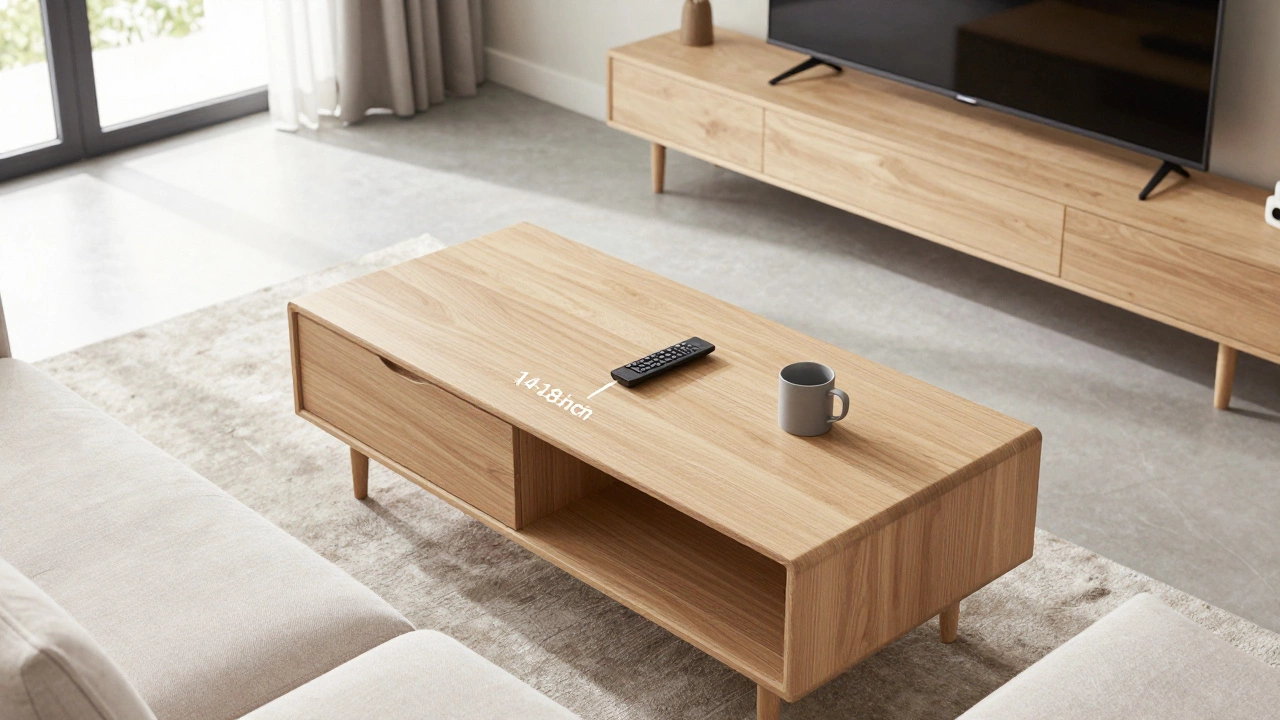Coffee table with proper spacing gap between couch and TV
