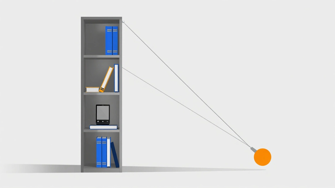Diagram showing heavy items at bookcase base to prevent tipping over.