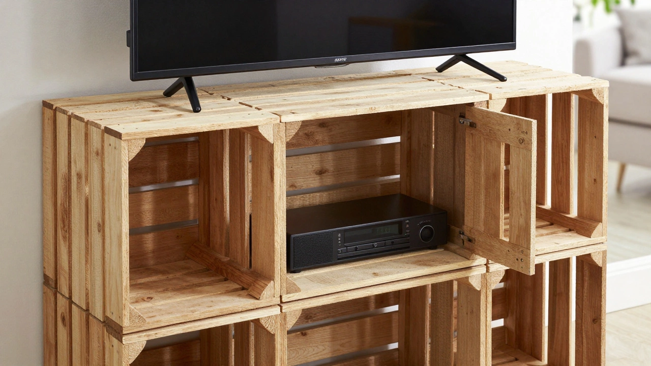 DIY TV stand made from stacked wooden shipping crates