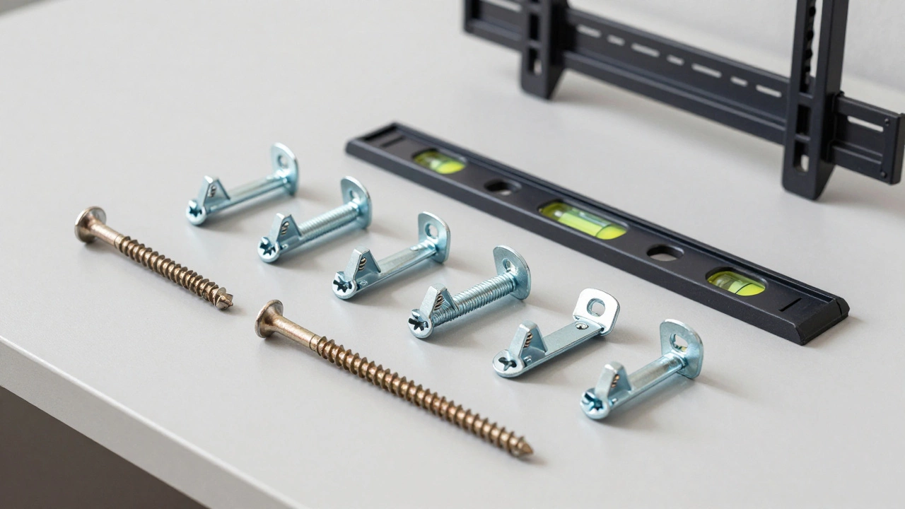 Heavy-duty toggle bolts and wood screws arranged on workbench for secure TV mounting