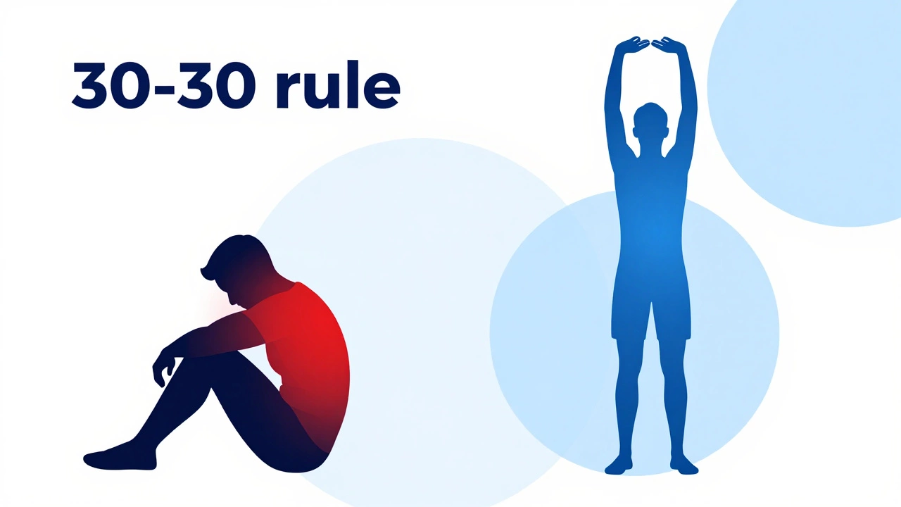 Illustration contrasting slouching with pain points against standing and stretching for relief.