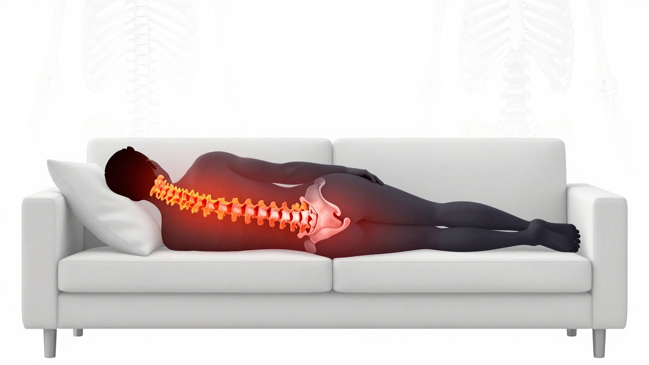 Illustration showing spine misalignment and pain points when sleeping on a couch