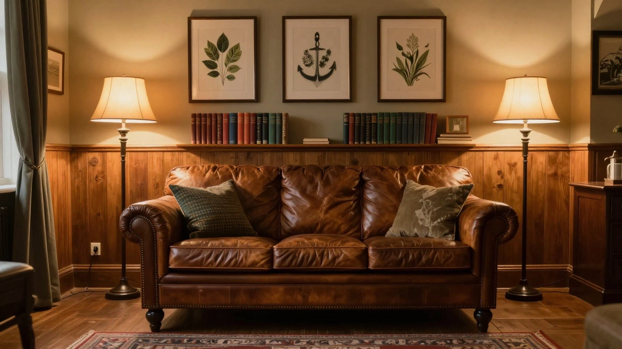 Leather sofa against a wall with art in a cozy traditional living room