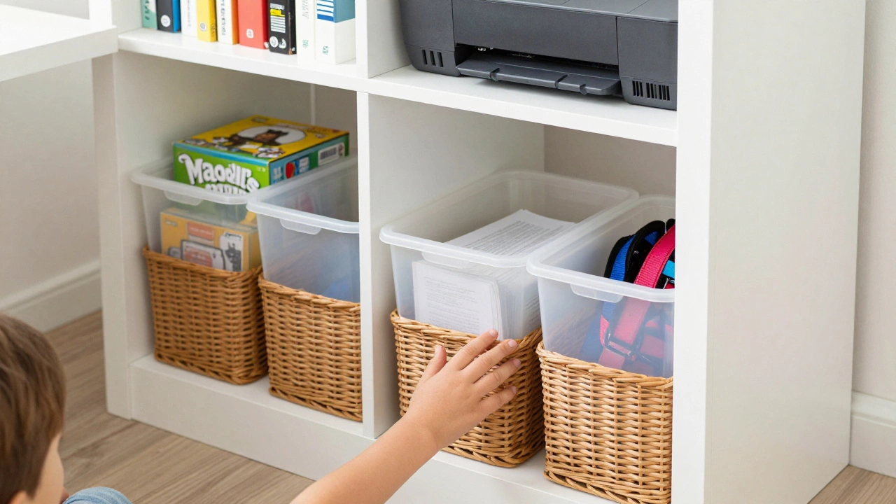 Organized bottom shelf with lidded bins holding games and office supplies.