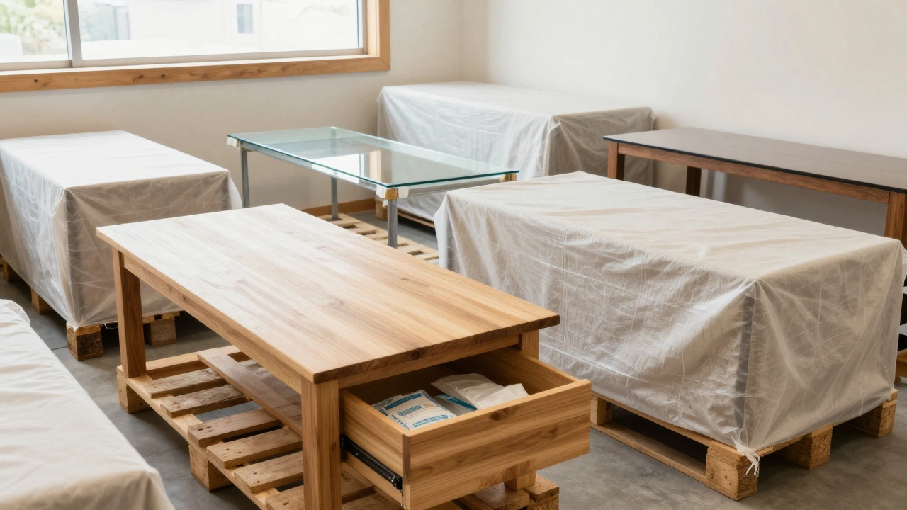 Organized storage unit with furniture on pallets, covered in breathable cloth, protected from moisture