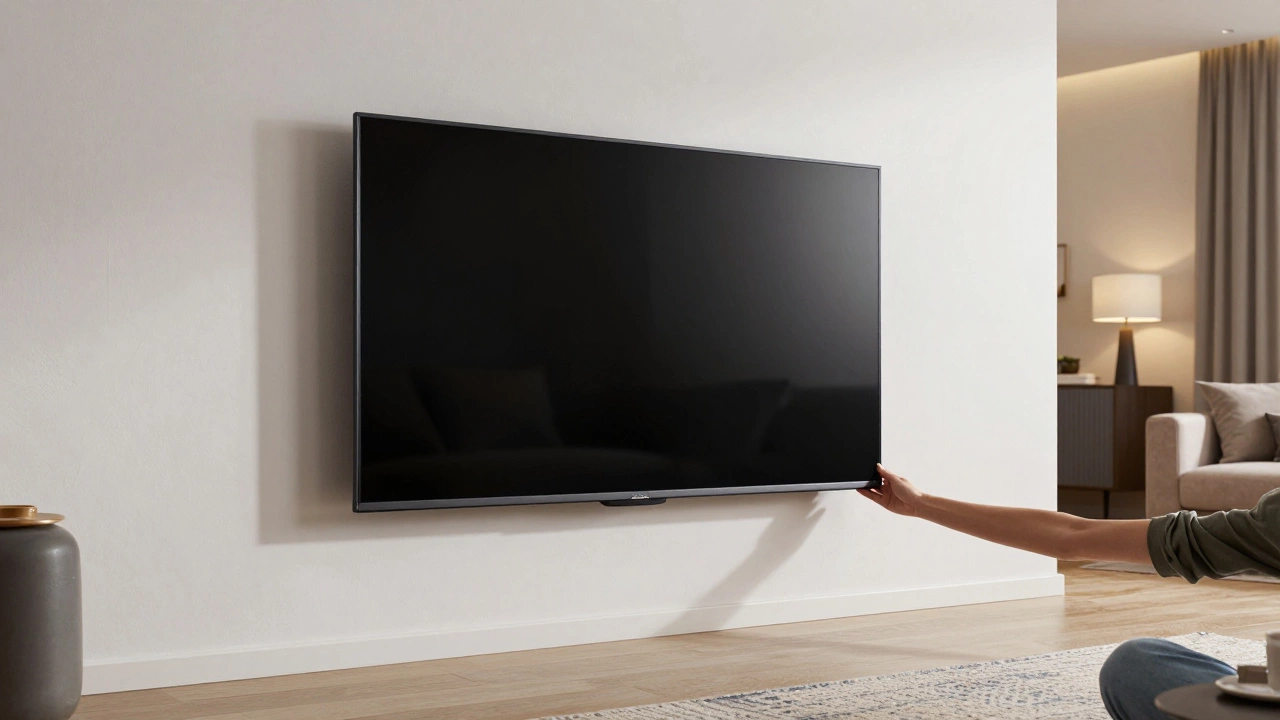 Person testing stability of securely mounted flat-screen TV in modern living room