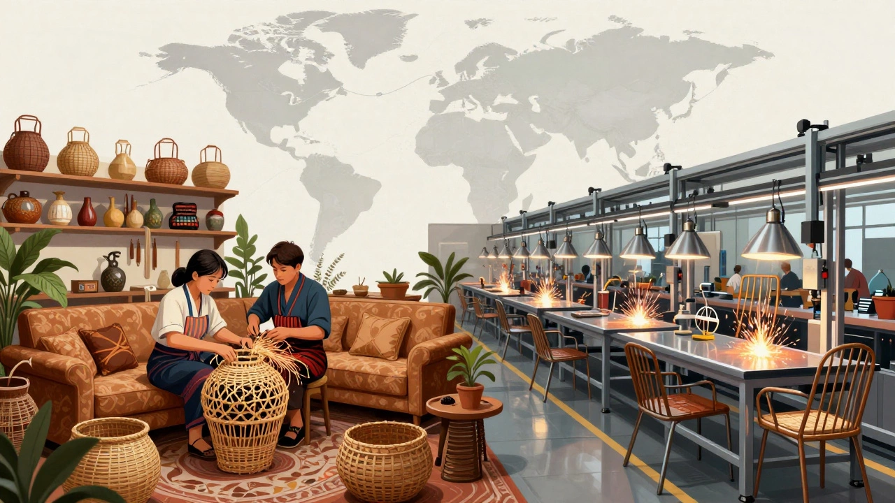 Split view of Vietnamese textile crafts and Asian metal furniture manufacturing