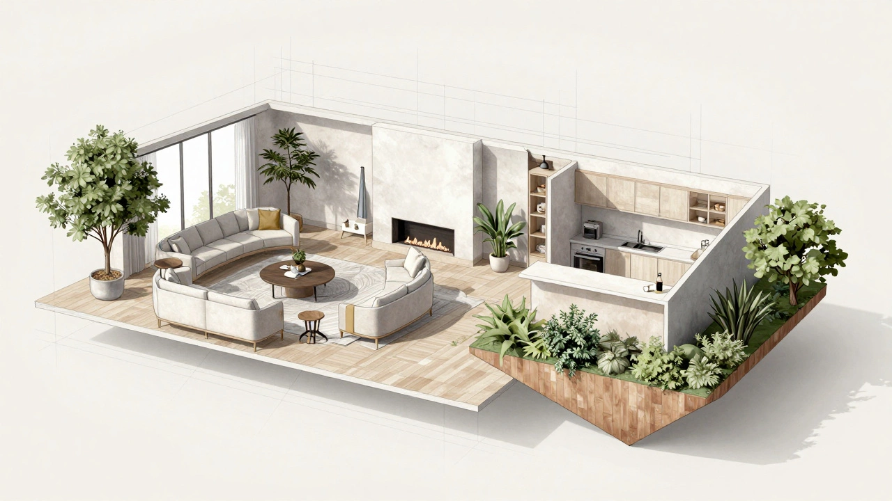 Split view showing angled and floating sofa layouts in a living space