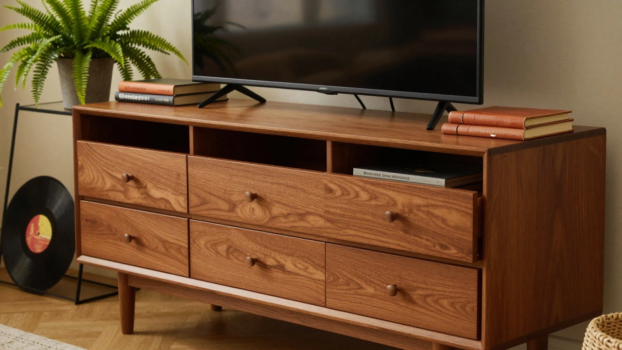 Vintage teak chest of drawers used as a stylish TV stand