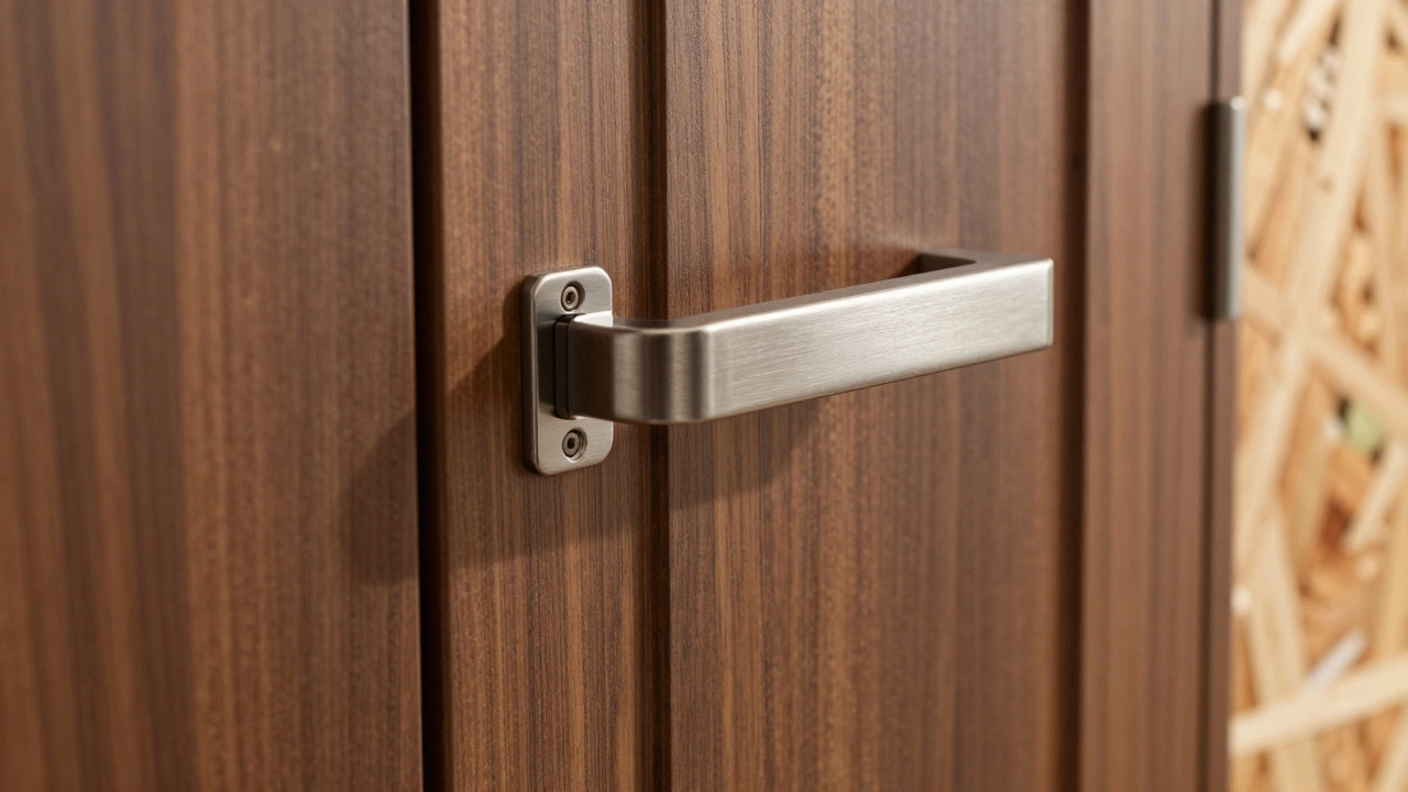 Close-up of durable soft-close hinges and handle on solid wood wardrobe