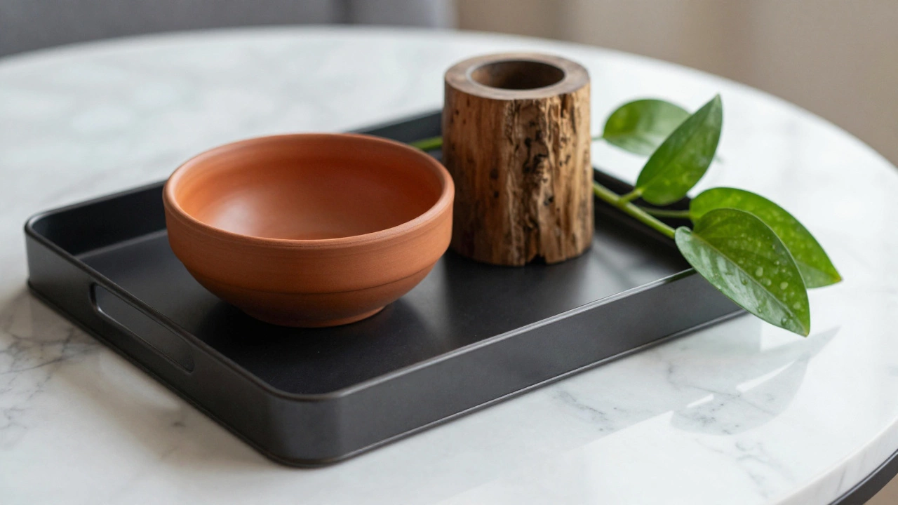 Close-up of mixed textures on a coffee table: marble, metal, wood, and greenery