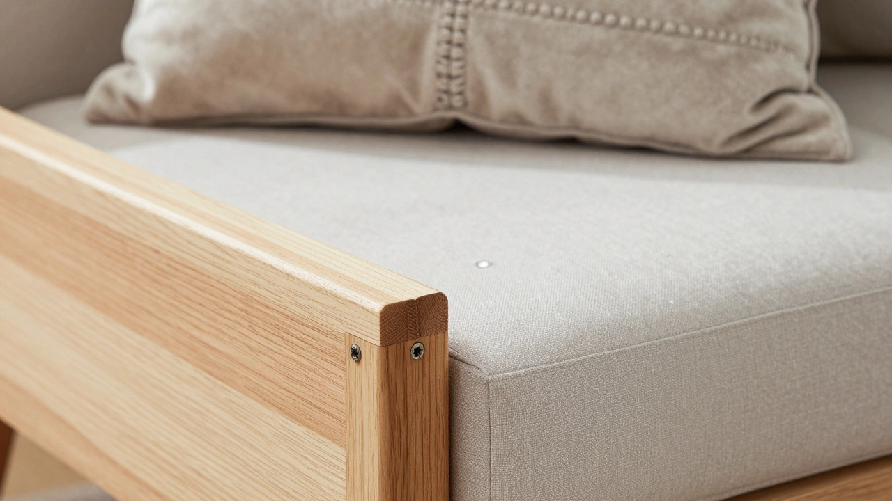 Close-up of sturdy sofa frame construction and stain-resistant fabric texture