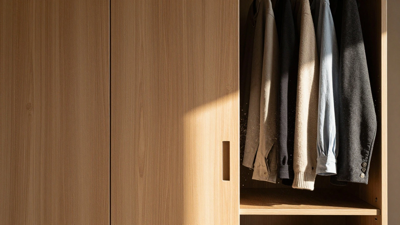 Comparison of a tidy closed wardrobe door versus a dusty open shelf with clothes.