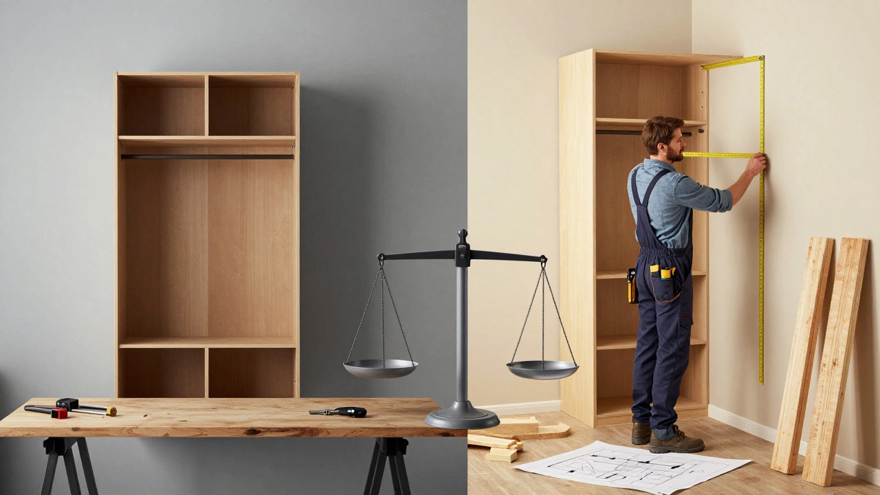Comparison scene showing flat-pack furniture versus custom built-in carpentry