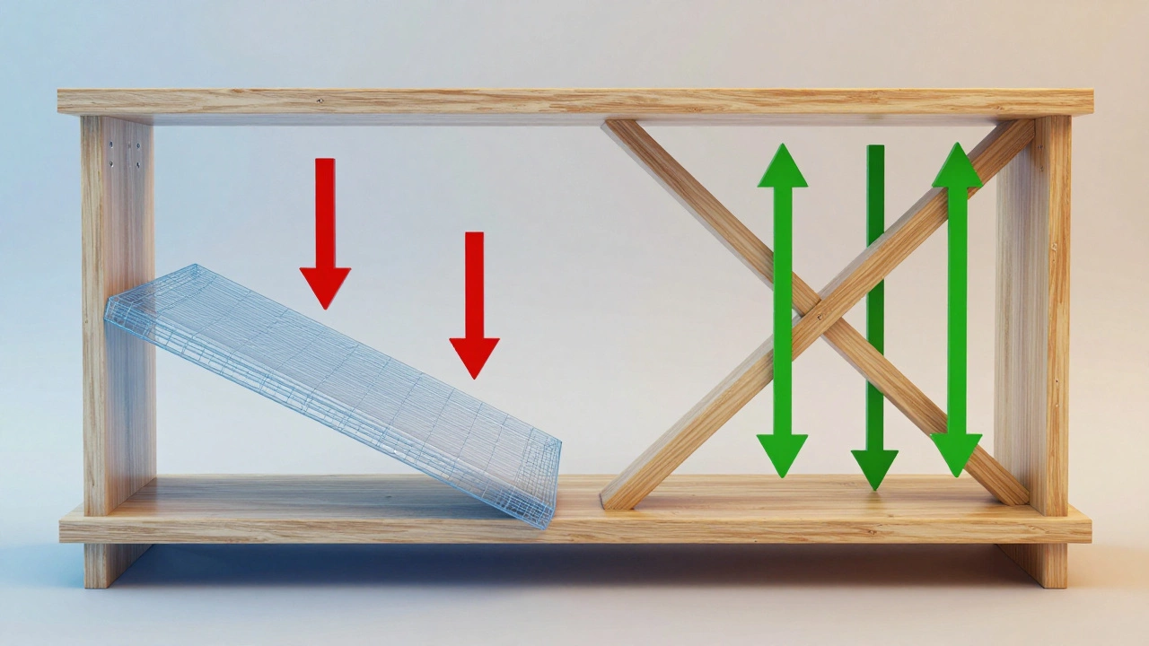 Diagram comparing sagging shelf vs triangulated supported shelf