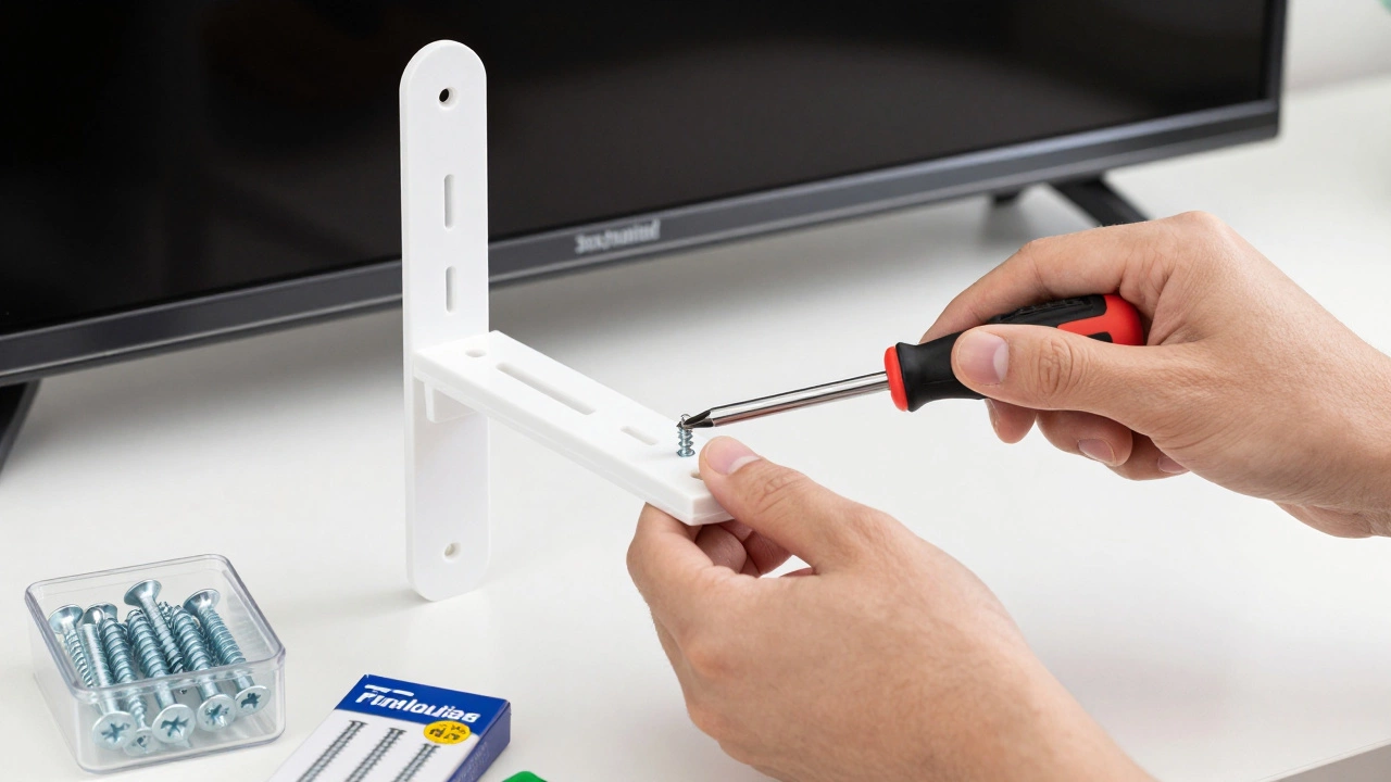 Hands correctly tightening screws on a TV stand bracket