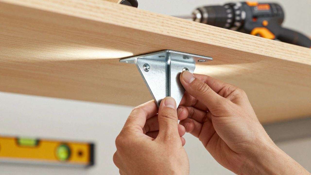 Hands installing a metal corbel bracket under a wooden shelf