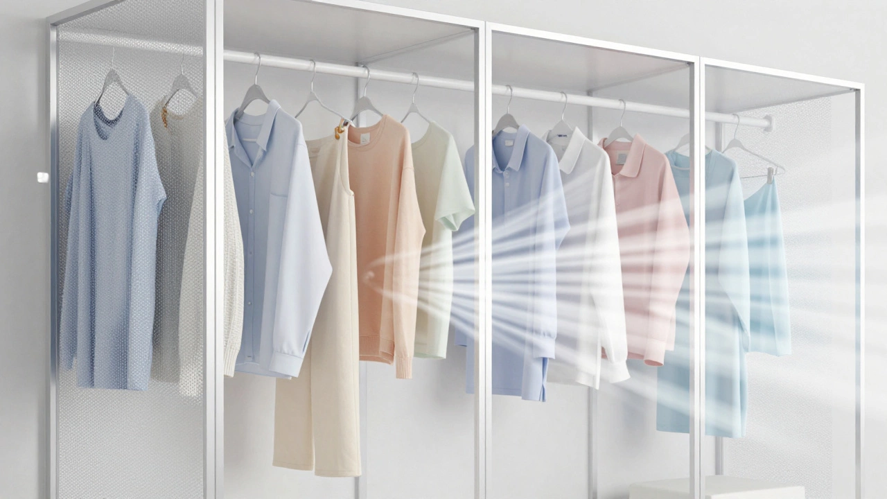 Hybrid wardrobe with frosted glass and mesh panels for ventilation and privacy.