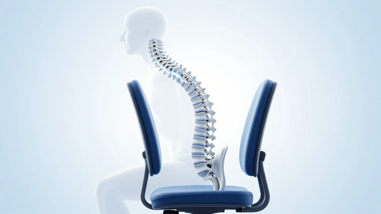 Illustration of spine supported by ergonomic chair lumbar cushion
