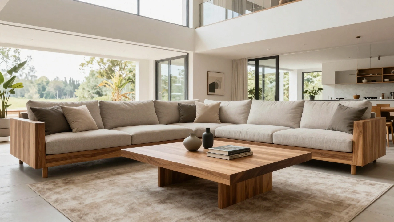 Large coffee table anchoring a spacious open-plan living room