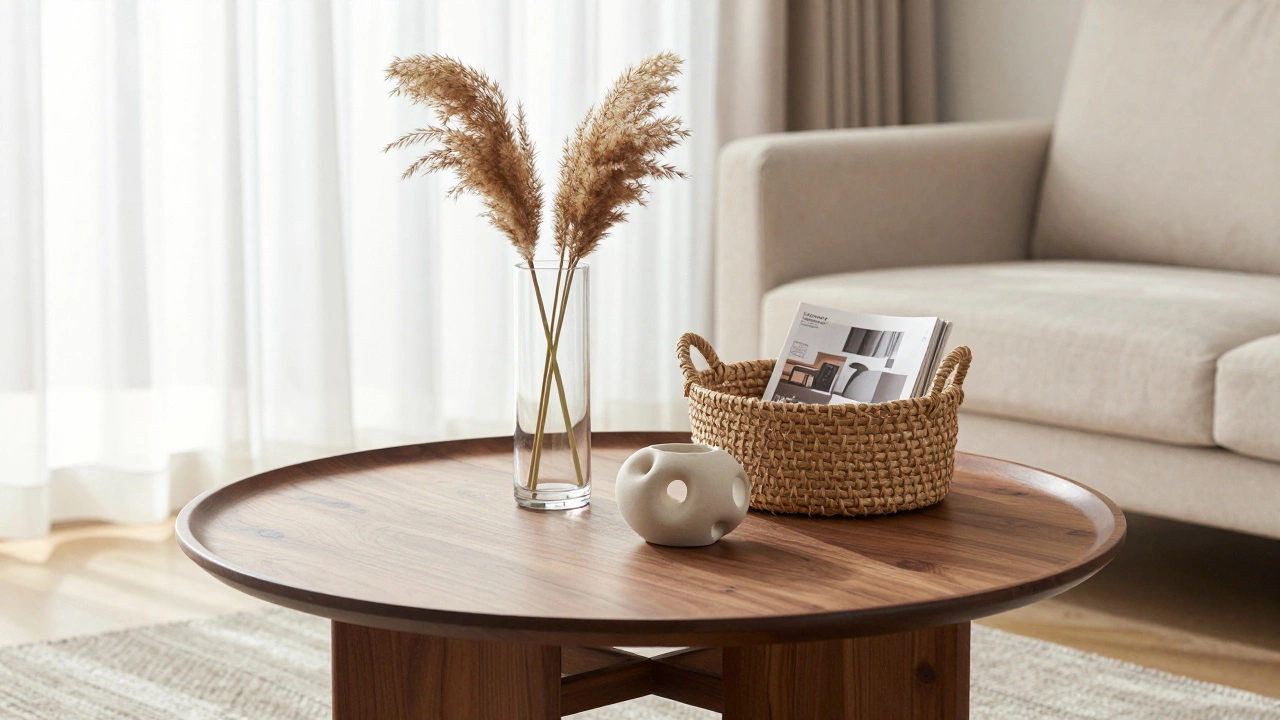 Minimalist round coffee table styled with vase, basket, and ceramic art