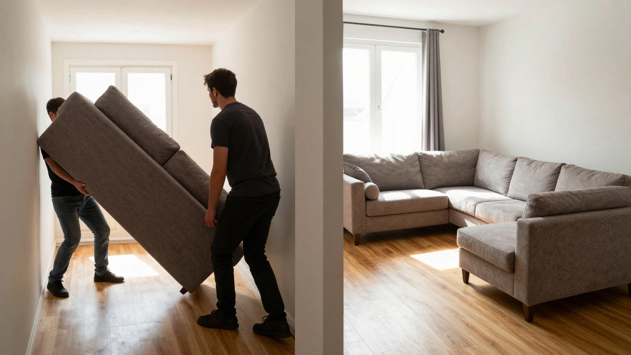 Movers struggling with a large sofa vs easy transport of two smaller sofas.