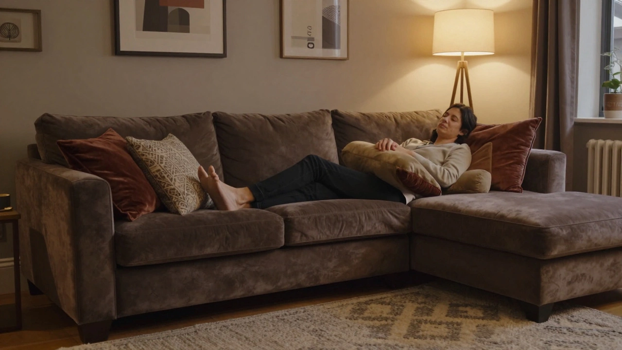 Person lounging on a deep sofa with lumbar pillow support