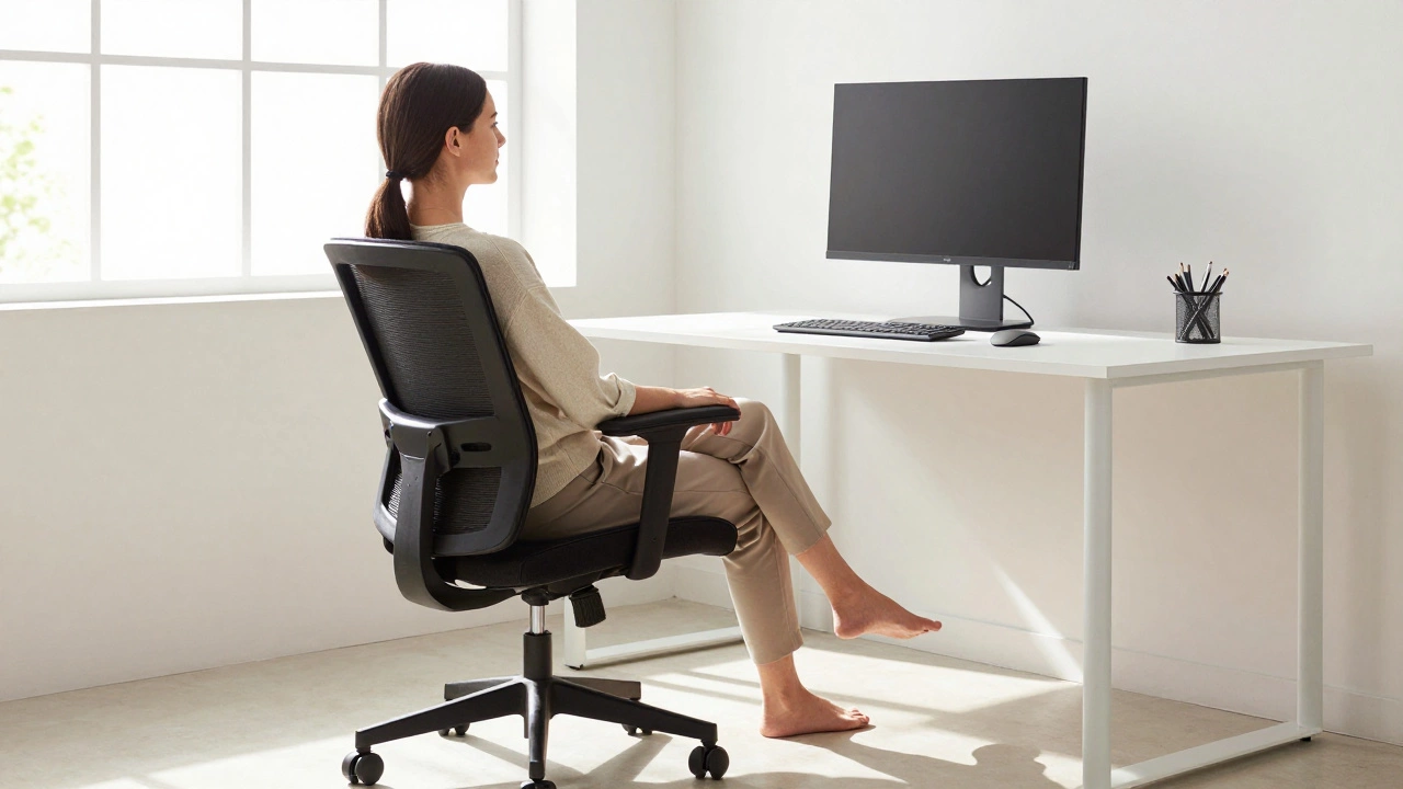 Person sitting upright with correct posture in ergonomic office setup