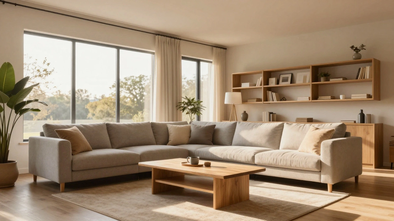 Sunlit modern living room with minimalist, functional furniture arrangement