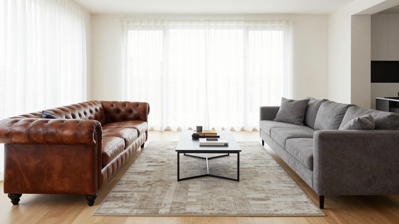 Two different style sofas arranged flexibly in a bright, airy living room.