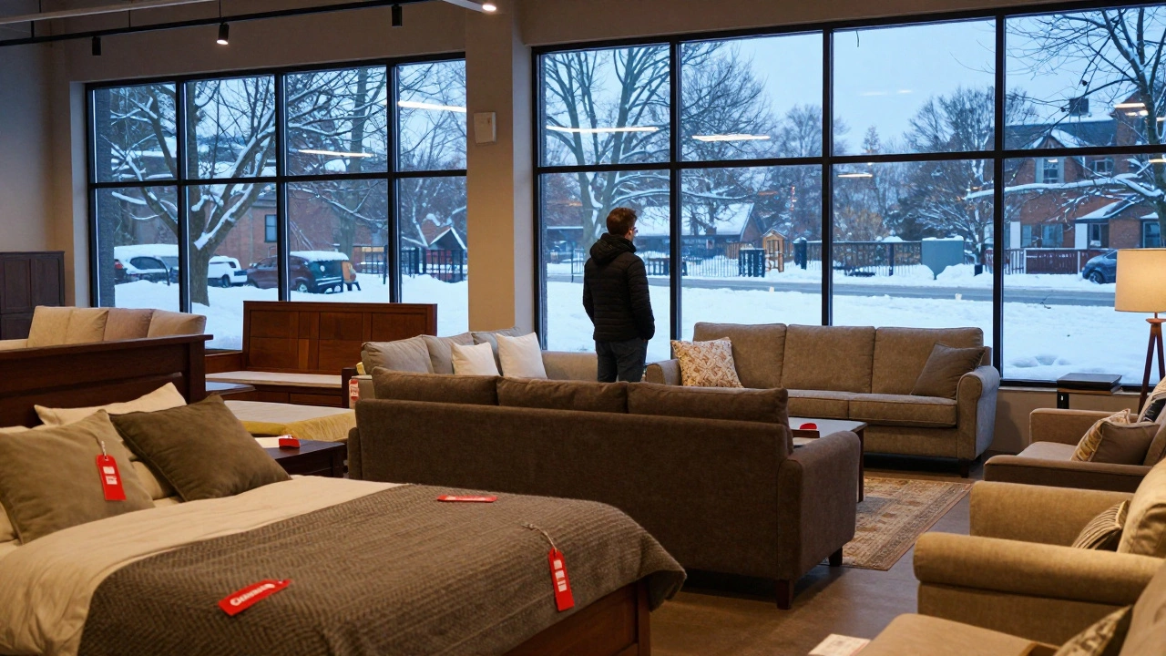 Winter furniture showroom with clearance items and a thoughtful shopper