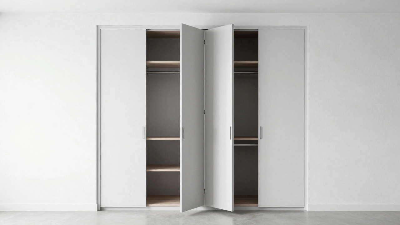 Built-in closet doors flush with the wall showing custom internal shelving