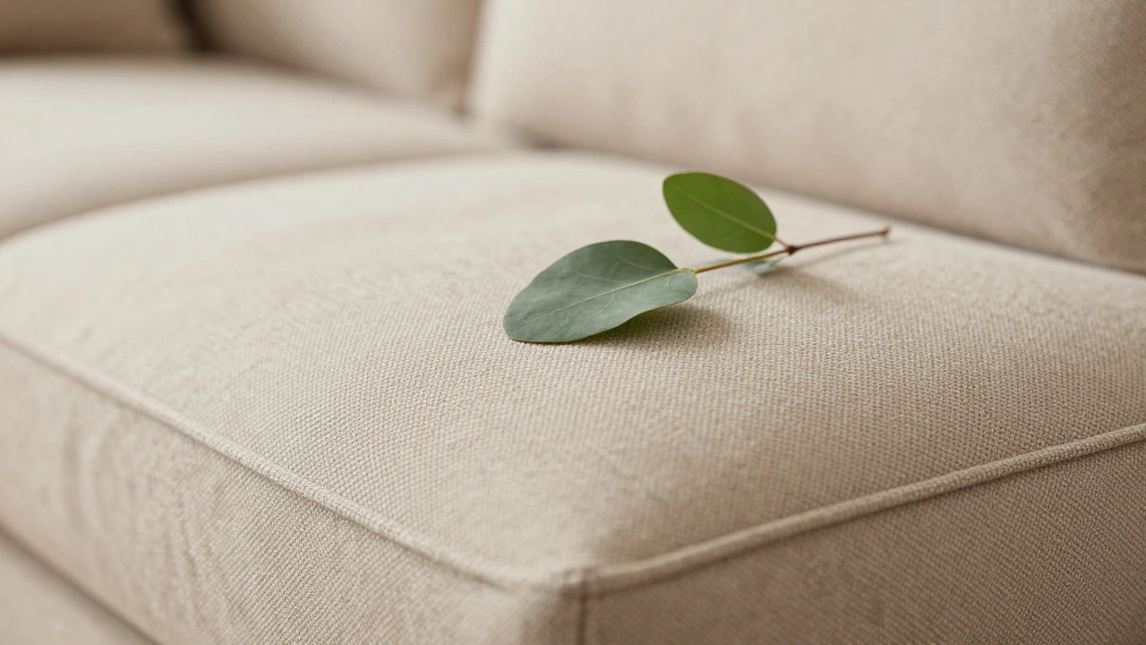 Close-up of durable beige performance fabric with a green leaf