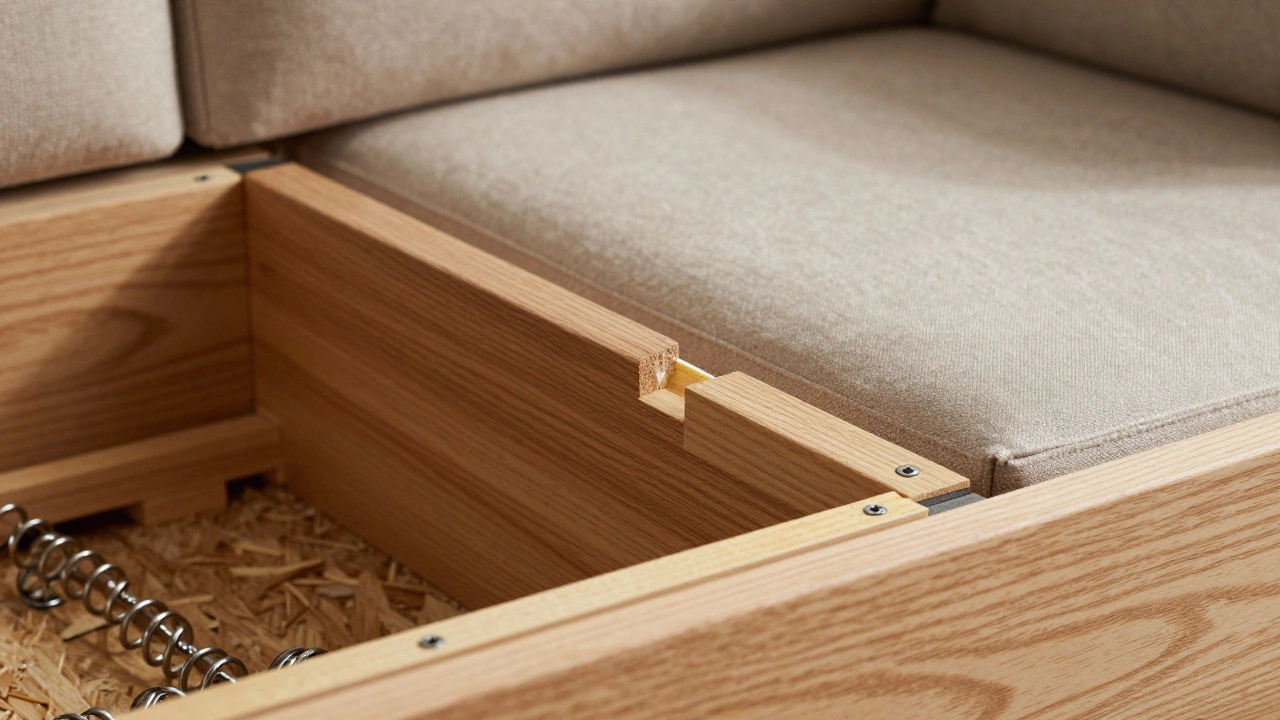 Close-up of sofa frame showing hardwood joints and hand-tied springs