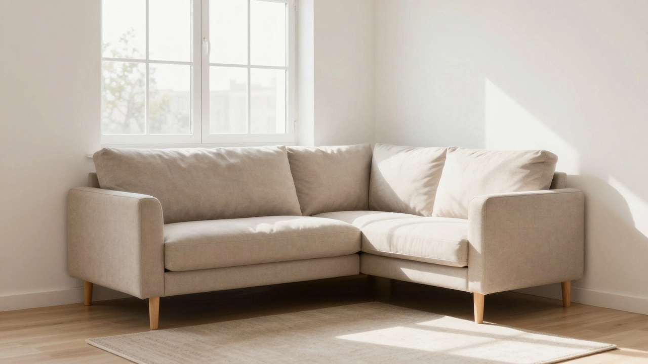 Compact light sofa with raised legs in bright square room