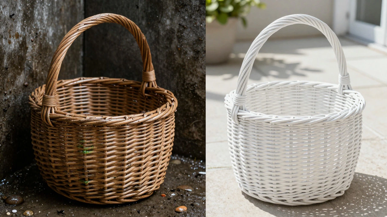 Comparison of moldy natural wicker vs clean synthetic wicker basket