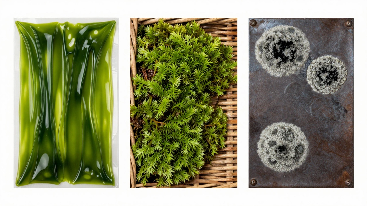 Comparison of slimy algae, clumpy moss, and fuzzy mold on different surfaces