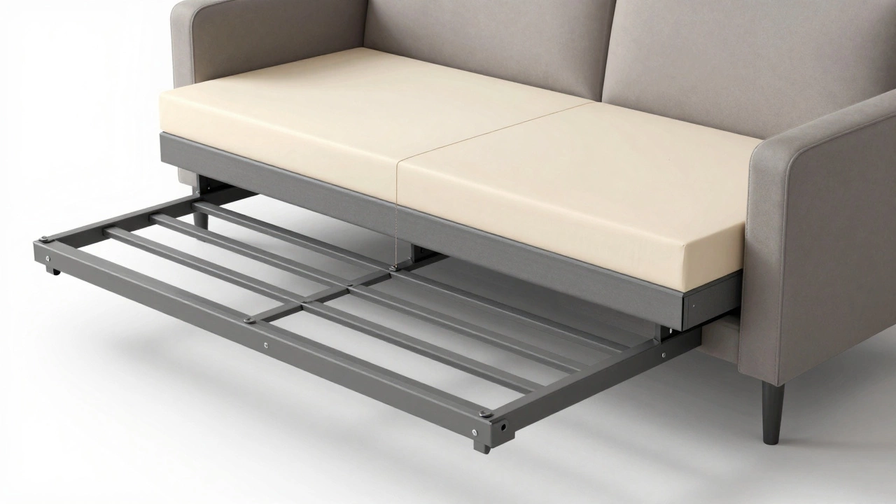 Cross-section view showing thin metal slats and inadequate mattress support in a sofa bed