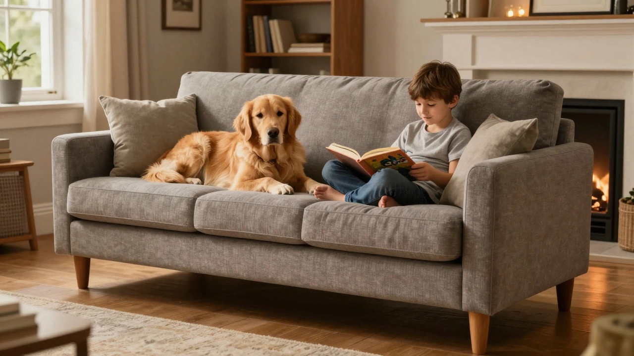 Family and dog relaxing on a durable, stain-resistant fabric sofa