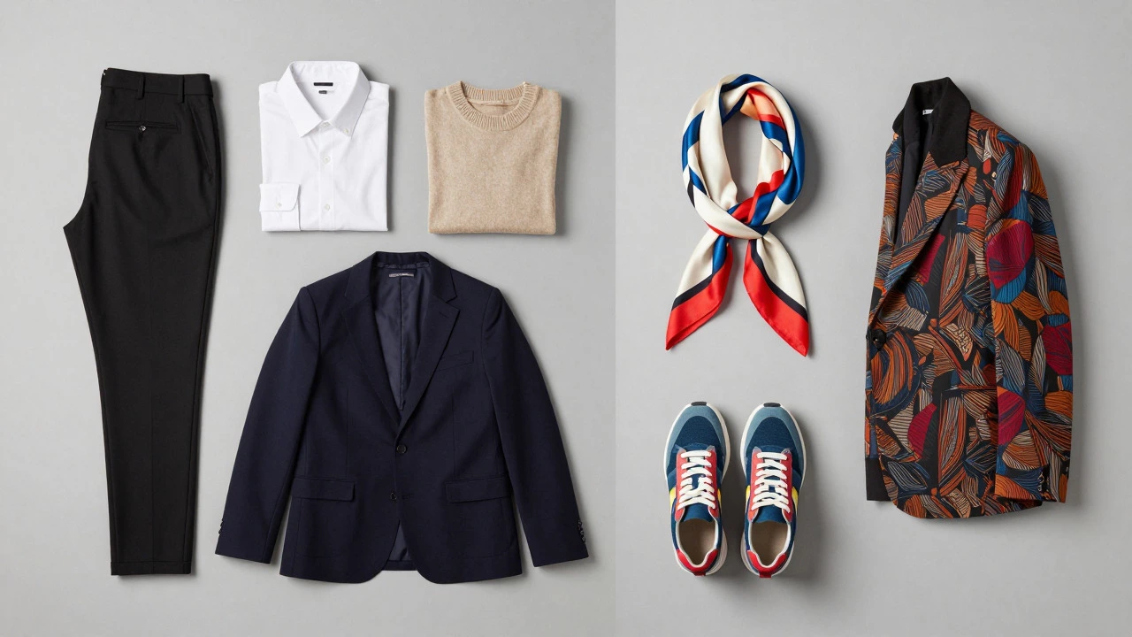 Flat lay showing organized neutral basics and colorful statement fashion items