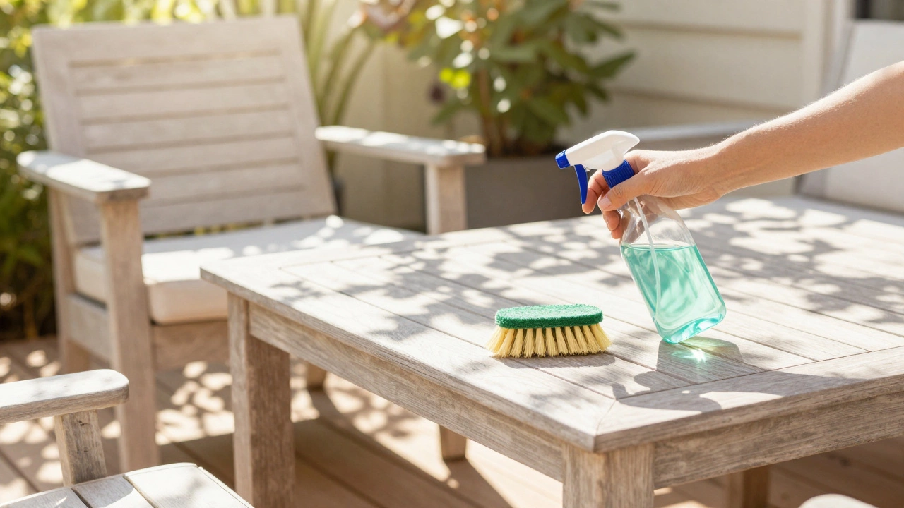 Person cleaning a teak patio table with vinegar solution in sunlight