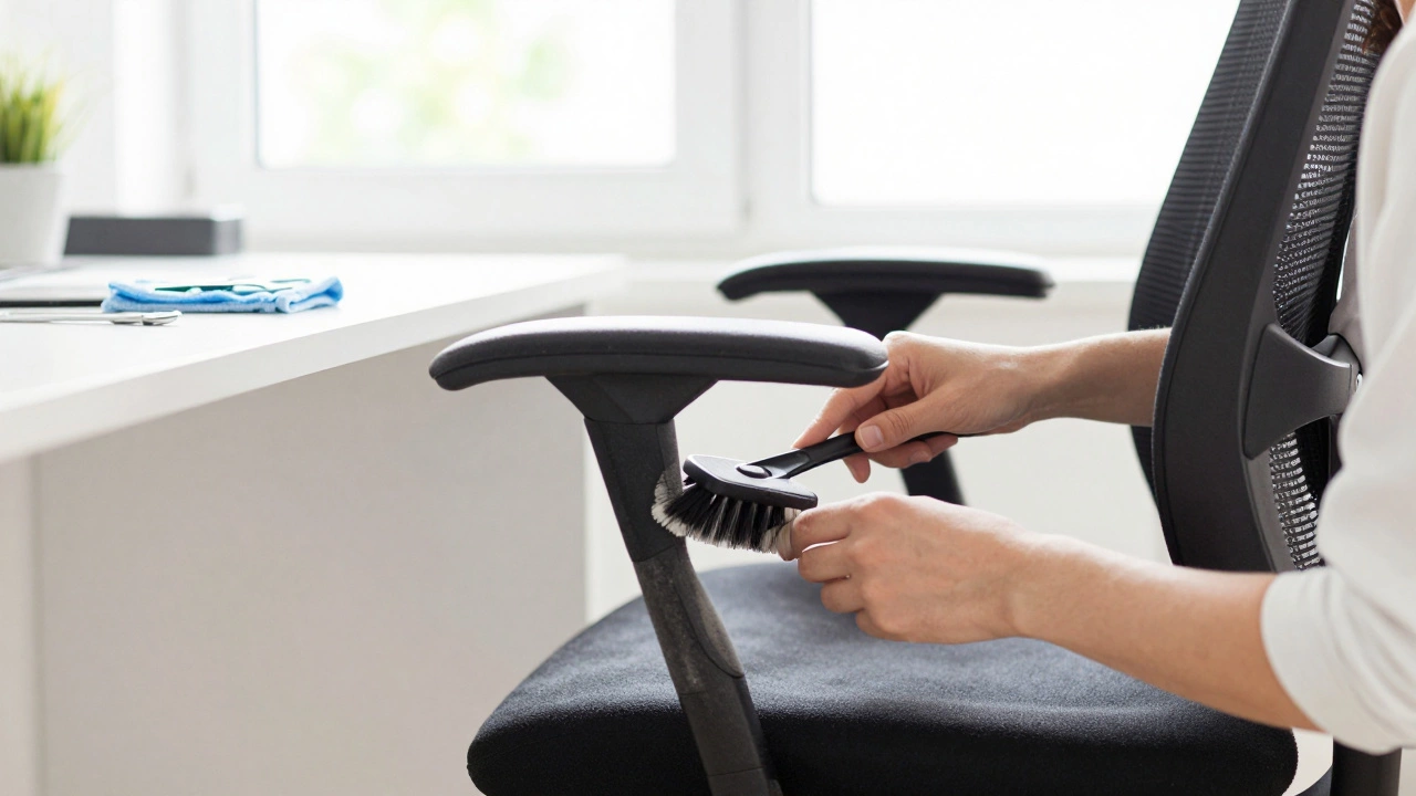 Person cleaning and inspecting office chair wheels