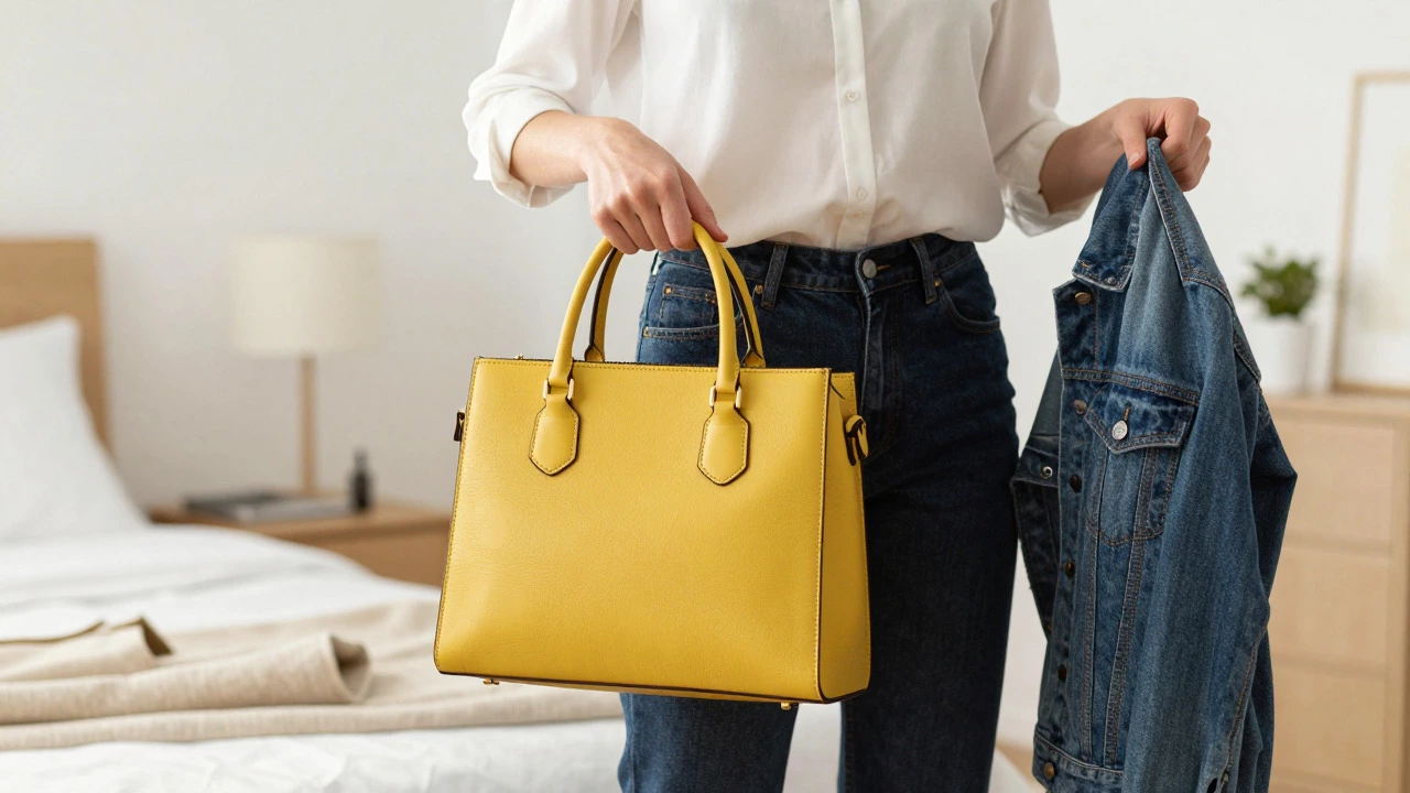 Person styling a bold accessory with a simple, versatile neutral outfit