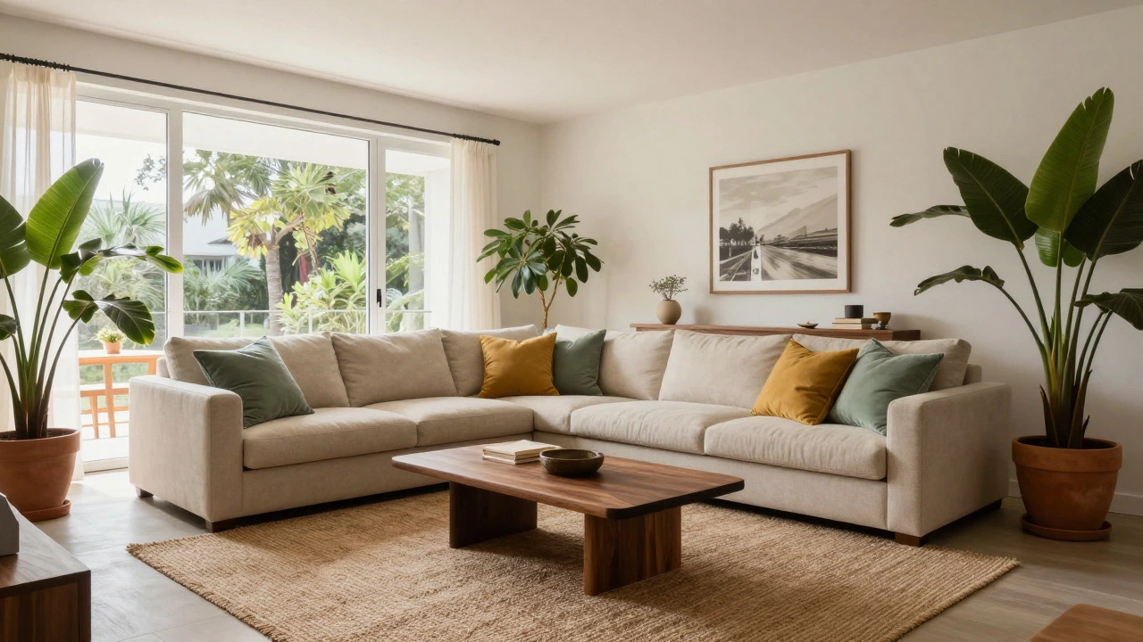 Styled beige corner sofa with plants and accent pillows in open plan