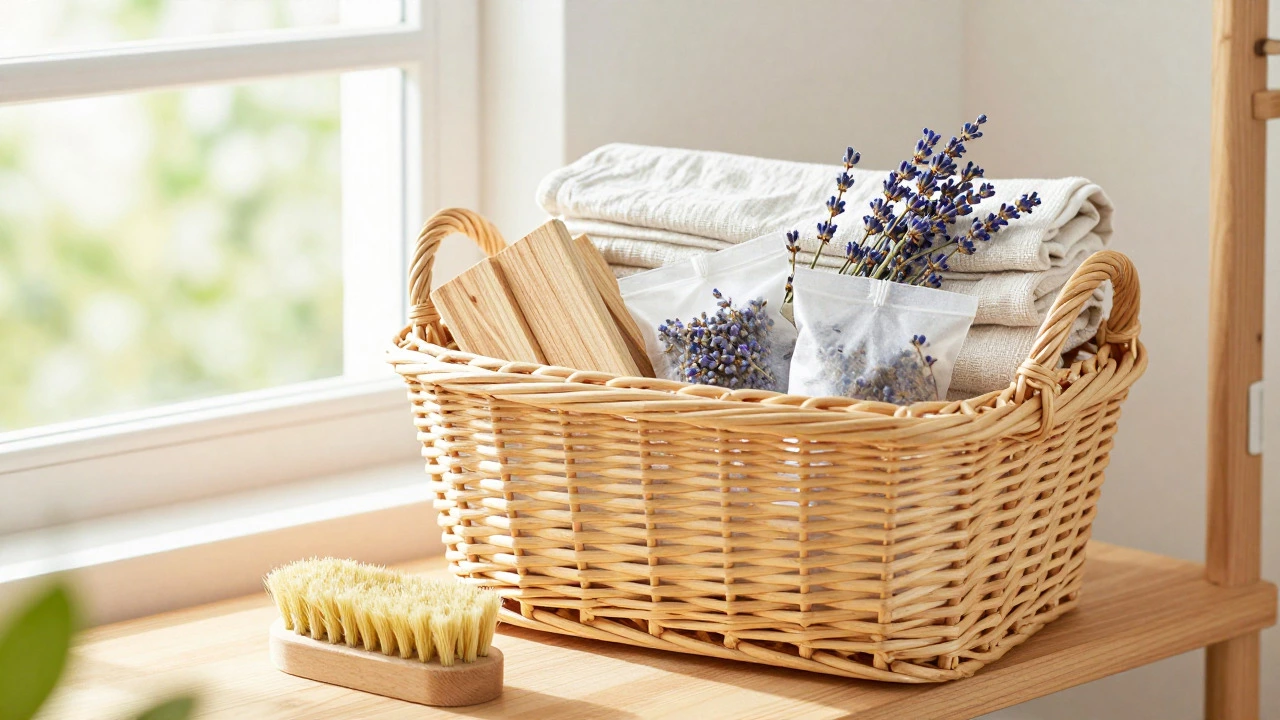 Wicker basket with cedar blocks and lavender for pest prevention