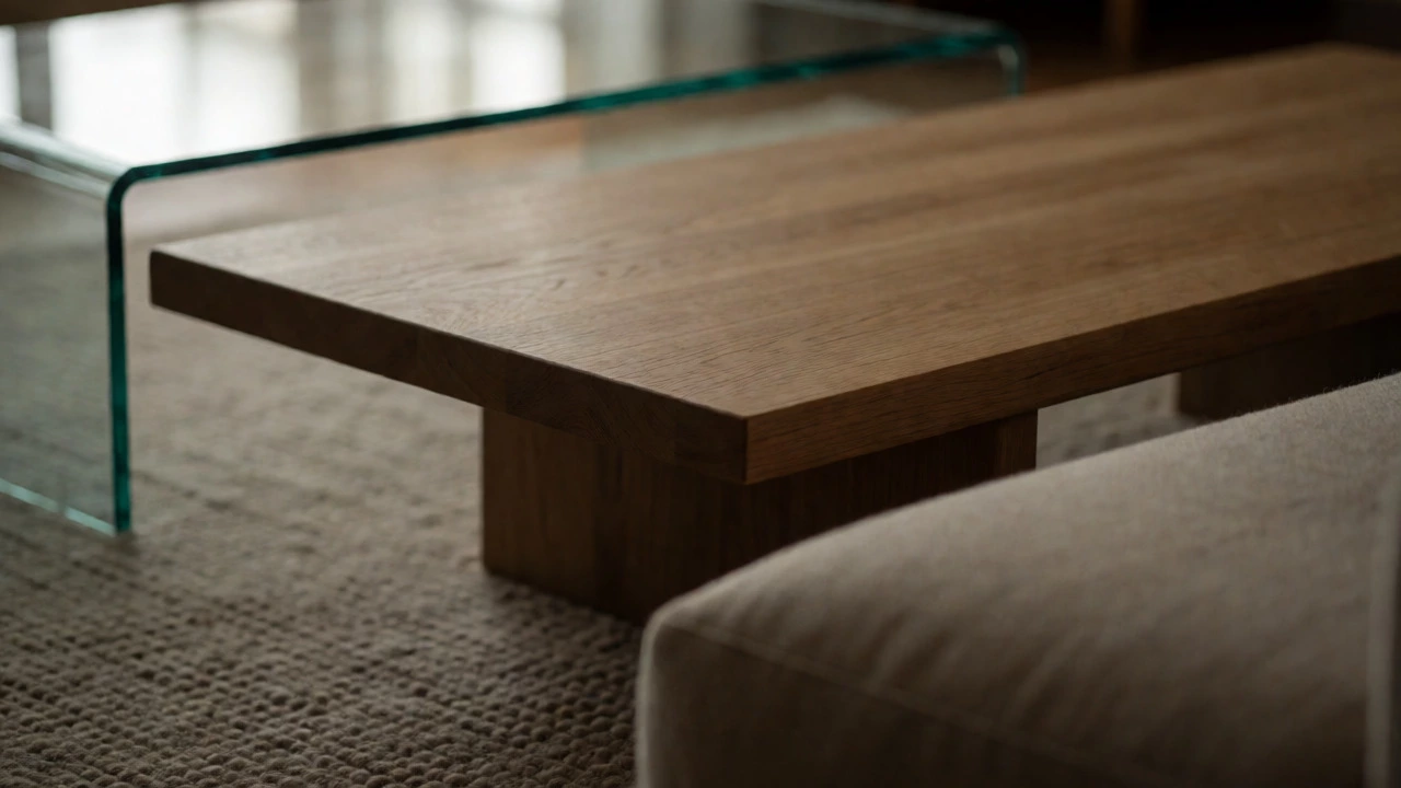 Close-up of a wooden coffee table positioned lower than the sofa seat cushion.