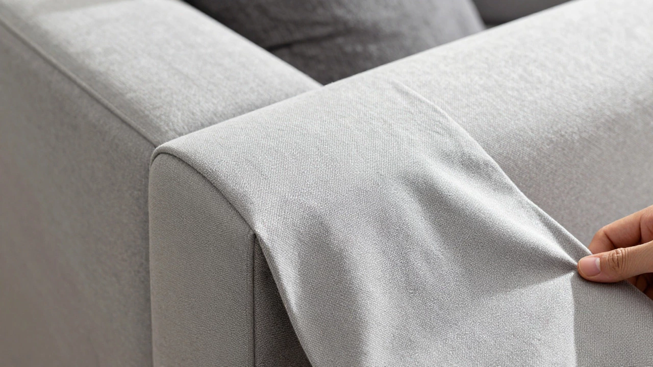 Close up of smooth light gray sofa fabric reflecting natural sunlight.