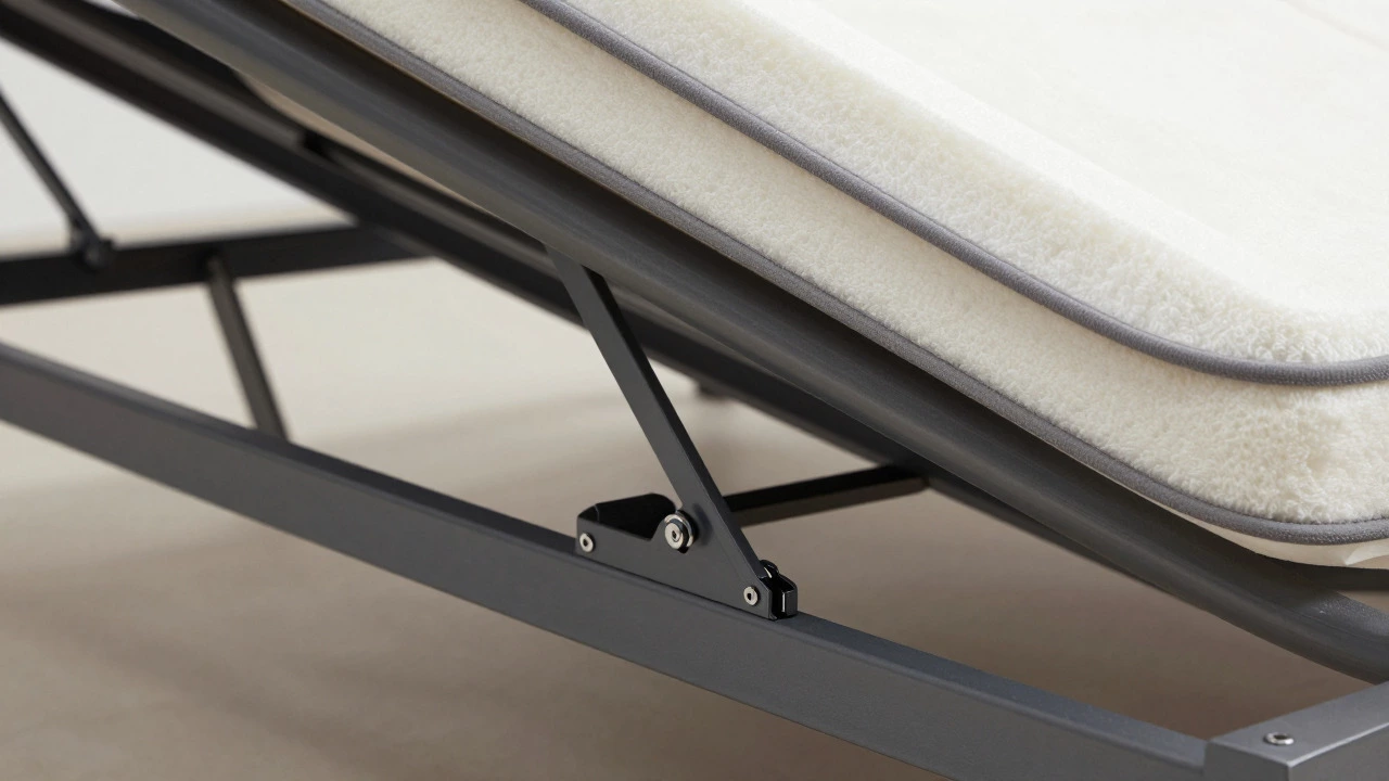 Close-up of sturdy steel sofa bed mechanism and thick foam mattress