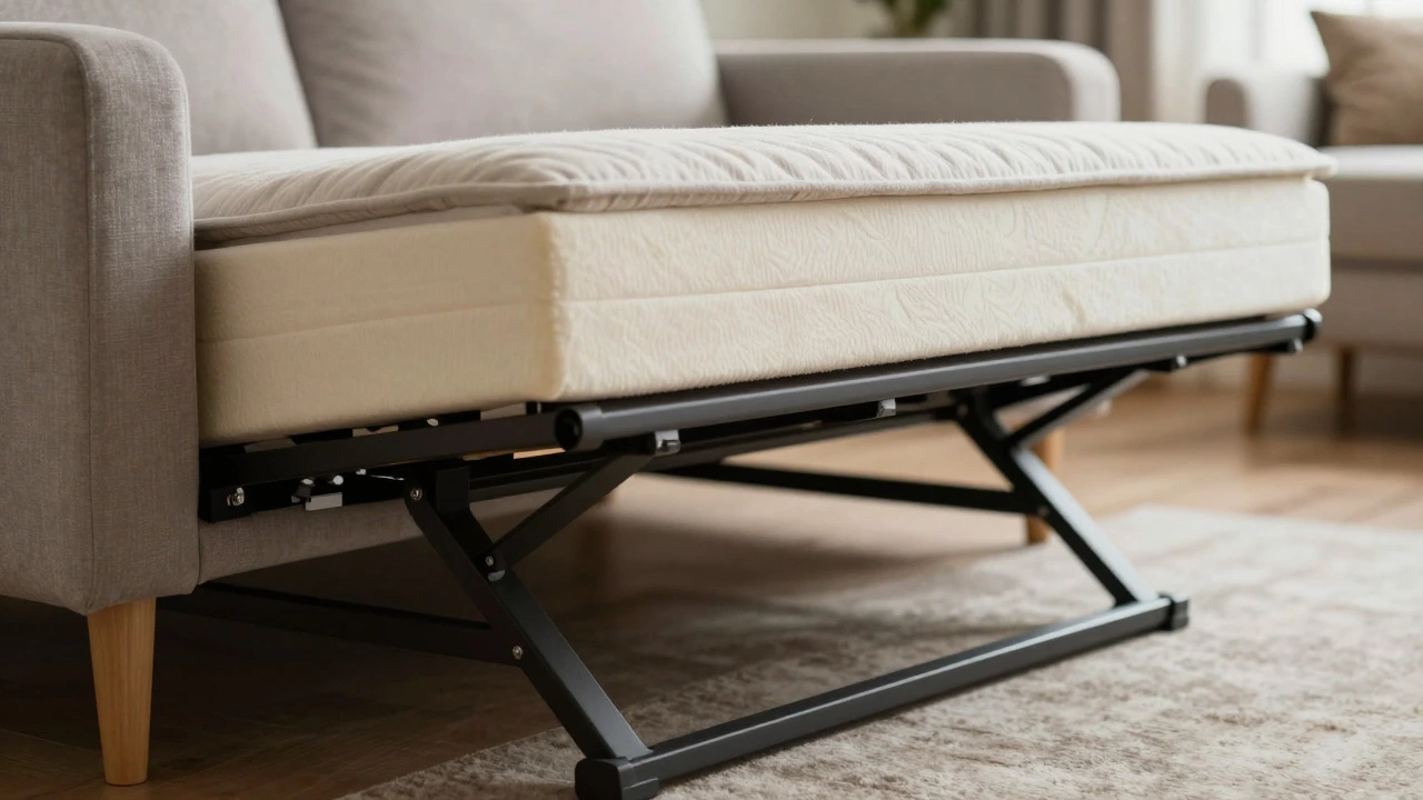 Close-up of the steel tri-fold mechanism extending from a sleeper sofa