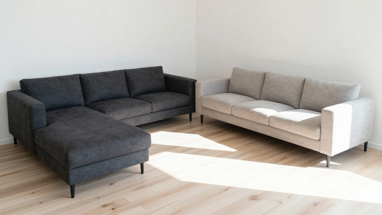 Comparison of dark heavy sofa vs light floating modular sofa in a sunny room.